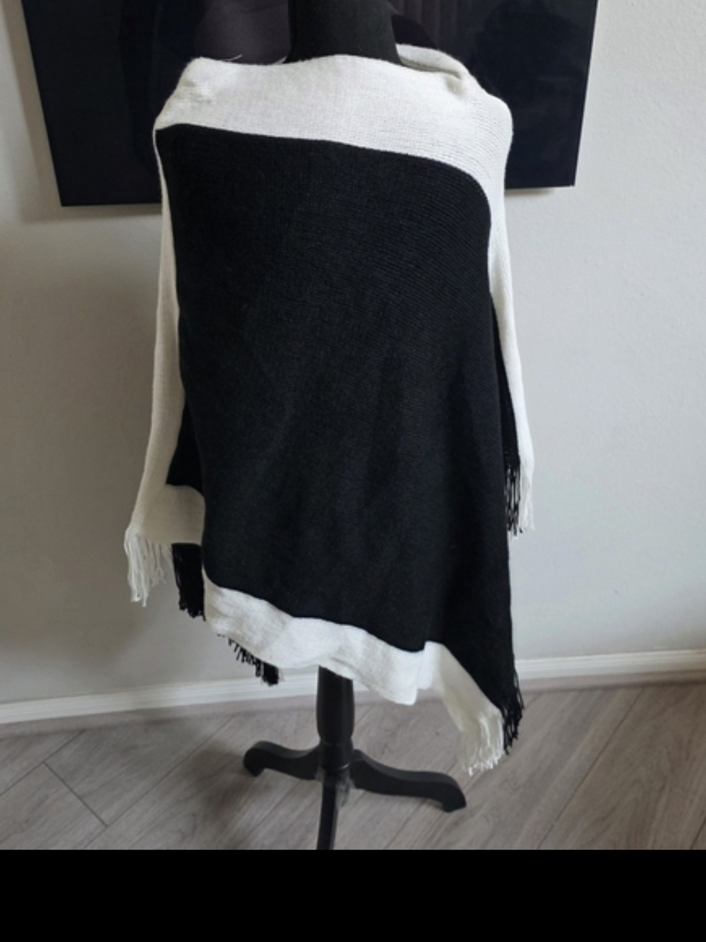 Black and White Fringe Poncho Sweater - Women OSFM